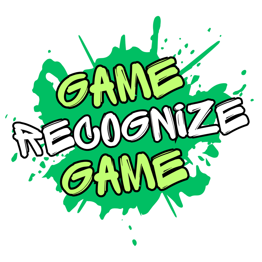 Colorful text 'GAME RECOGNIZE GAME' on a green splatter background